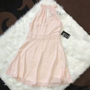 Dot Print Mock Neck Key Hole Fit And Flare Dress